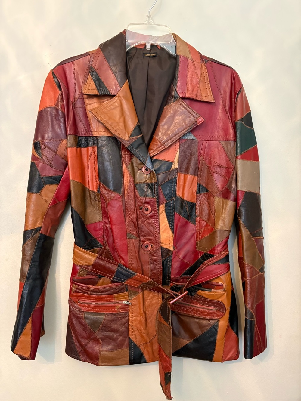 Patchwork Leather Belted Jacket - Multi-Color